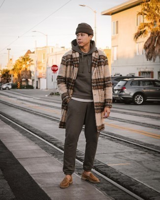 Dark Brown Beanie Outfits For Men: Infuse style into your day-to-day styling rotation with a beige plaid overcoat and a dark brown beanie. A pair of brown suede loafers will add a different twist to this look.