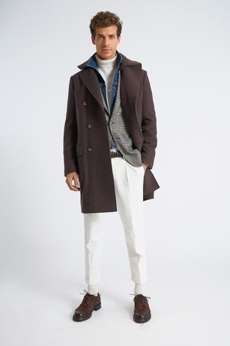 Dark Brown Overcoat Outfits: A dark brown overcoat and white chinos are the kind of a winning combination that you need when you have no time. Feeling brave? Switch up this look with dark brown suede derby shoes.