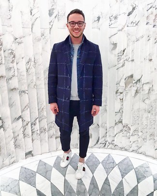 Navy Check Overcoat Outfits: For an ensemble that's absolutely gasp-worthy, reach for a navy check overcoat and navy chinos. Go off the beaten track and shake up your getup by slipping into white print leather low top sneakers.