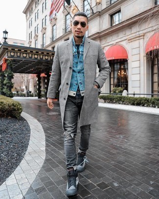 Grey Print Canvas High Top Sneakers Outfits For Men: Prove that nobody does off-duty quite like you do by wearing a grey plaid overcoat and charcoal ripped jeans. Serve a little mix-and-match magic by slipping into grey print canvas high top sneakers.