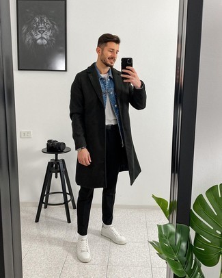 Blue Denim Jacket Outfits For Men: For comfort dressing with a modern spin, team a blue denim jacket with black chinos. Inject some casualness into this look with a pair of white leather low top sneakers.