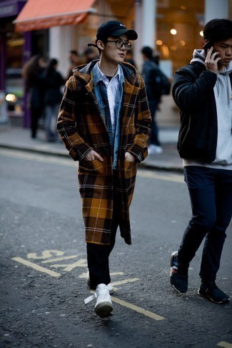 Dark Brown Check Overcoat Outfits: A dark brown check overcoat and black chinos are the perfect way to inject some manly refinement into your day-to-day casual rotation. Dial up the style factor of your ensemble by slipping into a pair of white leather high top sneakers.