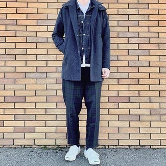 Navy Plaid Chinos Outfits: This combination of a navy overcoat and navy plaid chinos is a lifesaver when you need to look effortlessly classic in a flash. Rounding off with a pair of white canvas low top sneakers is the most effective way to inject a more laid-back vibe into this outfit.