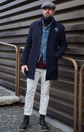 Blue Denim Jacket Outfits For Men: A blue denim jacket and white chinos are absolute menswear must-haves that will integrate brilliantly within your casual rotation. Go off the beaten path and switch up your look by slipping into a pair of black leather casual boots.