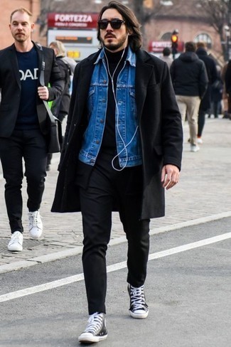 Black Overcoat Outfits: This semi-casual combo of a black overcoat and black chinos is very easy to throw together without a second thought, helping you look amazing and prepared for anything without spending a ton of time combing through your wardrobe. Complement your ensemble with a pair of black and white canvas high top sneakers to make the look more functional.