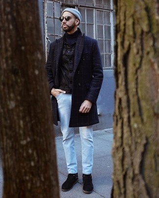 Tall Wool Mix Overcoat In Navy Check