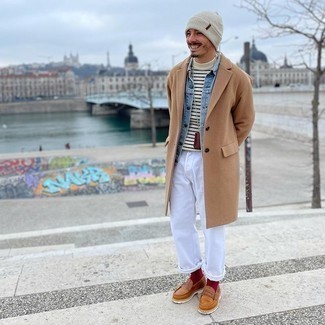White Beanie Outfits For Men: One of the coolest ways for a man to style a camel overcoat is to pair it with a white beanie in a laid-back getup. And if you wish to easily up the style ante of your look with one single item, why not grab a pair of tan leather loafers?