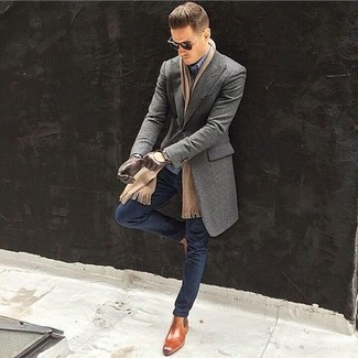 Men's Grey Overcoat, Blue Denim Shirt, Navy Chinos, Tobacco Leather Chelsea Boots