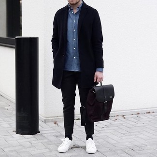 Blue Denim Shirt Chill Weather Outfits For Men: For relaxed dressing with a twist, opt for a blue denim shirt and black chinos. Let your styling expertise really shine by rounding off your getup with white canvas low top sneakers.