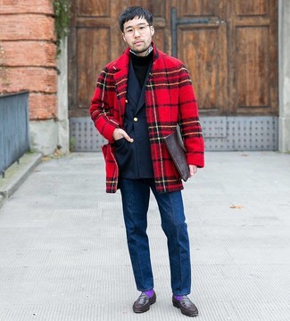 Light Violet Socks Outfits For Men: Reach for a red plaid overcoat and light violet socks for a trendy and easy-going outfit. A pair of dark brown leather loafers easily ramps up the fashion factor of any look.