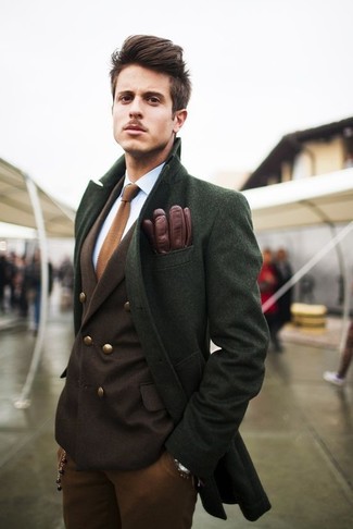 Dark Brown Leather Gloves Outfits For Men: The go-to for casual city style? A green overcoat with dark brown leather gloves.