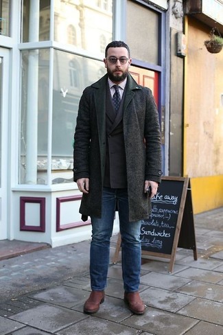 Men's Charcoal Overcoat, Dark Brown Wool Double Breasted Blazer, White and Purple Vertical Striped Dress Shirt, Navy Jeans