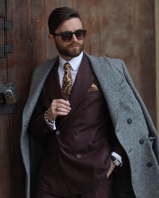 Brown Double Breasted Blazer Outfits For Men: Consider teaming a brown double breasted blazer with a grey herringbone overcoat for a sleek classy ensemble.
