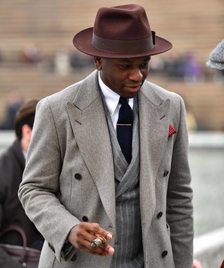 Men's Grey Overcoat, Grey Vertical Striped Wool Double Breasted Blazer, White Dress Shirt, Dark Brown Wool Hat