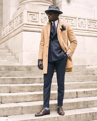 Dark Brown Leather Oxford Shoes Outfits: Putting together a camel overcoat with charcoal dress pants is a great idea for a stylish and polished outfit. Introduce a pair of dark brown leather oxford shoes to the mix and the whole look will come together.