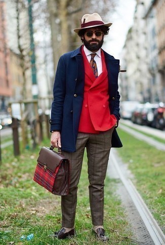 Dark Brown Leather Briefcase Outfits: Rock a navy overcoat with a dark brown leather briefcase to get a street style and stylish getup. Make this look a bit more elegant by rounding off with a pair of dark brown leather tassel loafers.