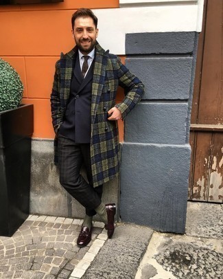 Blue Overcoat Outfits: For an effortlessly neat outfit, consider pairing a blue overcoat with black check chinos — these items work beautifully together. Want to go all out when it comes to shoes? Throw a pair of burgundy leather tassel loafers in the mix.
