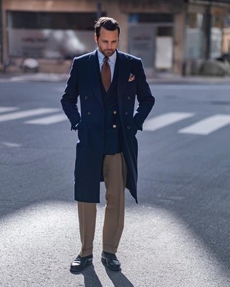 Blue Overcoat Outfits: A blue overcoat looks especially elegant when teamed with khaki dress pants in a modern man's look. And if you want to effortlessly tone down this look with one piece, introduce a pair of black leather loafers to the equation.