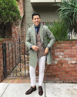Mint Overcoat Outfits: If you don't take fashion lightly, go for polished style in a mint overcoat and white chinos. For maximum style effect, complement your look with a pair of dark brown leather brogues.