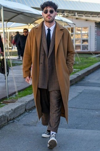 Men's Tobacco Overcoat, Brown Check Wool Double Breasted Blazer, White Dress Shirt, Brown Plaid Chinos