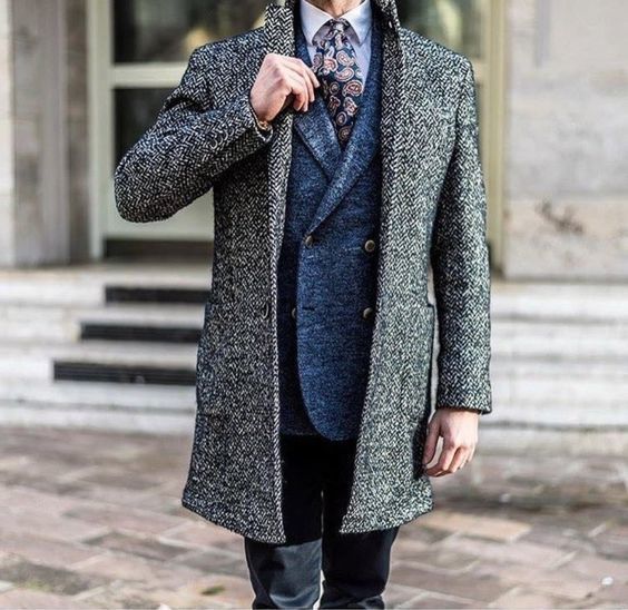 Men's Grey Overcoat, Blue Wool Double Breasted Blazer, Light
