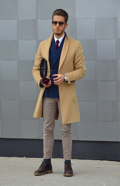 Men's Camel Overcoat, Navy Double Breasted Blazer, White Dress Shirt ...