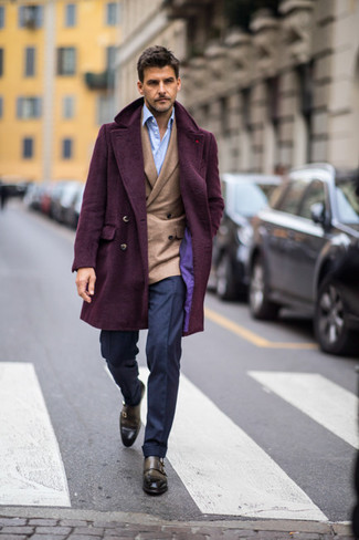 Purple Coat Outfits For Men: This pairing of a purple coat and navy dress pants is seriously smart and provides instant polish. Get a bit experimental when it comes to footwear and class up this ensemble by finishing with olive leather double monks.