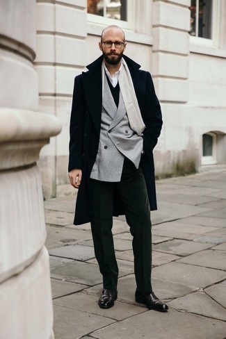 Grey Blazer Chill Weather Outfits For Men: To look like a refined gent, try pairing a grey blazer with dark green dress pants. If in doubt about the footwear, stick to dark brown leather double monks.