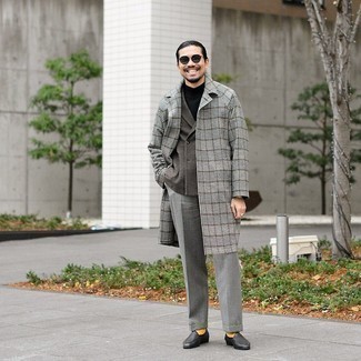 Dark Green Sunglasses Outfits For Men: If you gravitate towards relaxed dressing, why not take this pairing of a grey plaid overcoat and dark green sunglasses for a spin? Balance this getup with a smarter kind of shoes, like these black leather loafers.