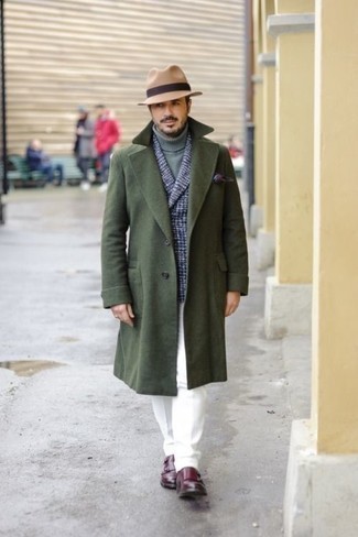 Olive Overcoat Outfits: This pairing of an olive overcoat and white chinos is proof that a safe outfit can still be really interesting. Burgundy leather double monks are guaranteed to infuse an extra touch of polish into your ensemble.