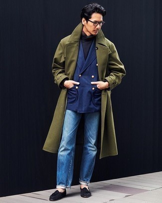 Olive Overcoat Outfits: Wear an olive overcoat and blue jeans if you're going for a neat, on-trend look. And if you want to immediately perk up your outfit with a pair of shoes, why not complement your look with black suede tassel loafers?