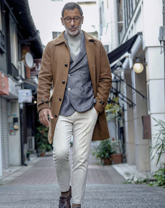 Men's Brown Overcoat, Blue Wool Double Breasted Blazer, Grey Wool Turtleneck, White Print Chinos