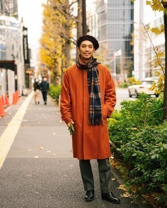 Black Plaid Scarf Outfits For Men: An orange overcoat and a black plaid scarf are an easy way to infuse subtle dapperness into your casual rotation. Here's how to bring a touch of elegance to this outfit: black leather chelsea boots.