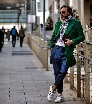 Men's Green Overcoat, Navy Linen Dress Pants, White and Black Leather Low Top Sneakers, Navy Pocket Square