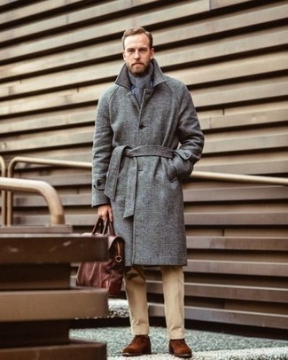 Dark Brown Leather Briefcase Fall Outfits: Pair a grey overcoat with a dark brown leather briefcase if you're looking for a look idea that conveys city casual style. Puzzled as to how to finish this ensemble? Finish off with brown suede oxford shoes to polish it up. This getup is a viable option when it comes to putting together a kick-ass look for weird transition weather.