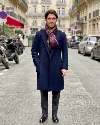 Dark Purple Print Scarf Outfits For Men: This laid-back pairing of a navy overcoat and a dark purple print scarf is very easy to throw together without a second thought, helping you look stylish and prepared for anything without spending a ton of time going through your closet. Tone down the casualness of this look by sporting a pair of black leather tassel loafers.