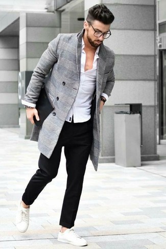 Grey Overcoat Outfits: We're loving the way this classic and casual pairing of a grey overcoat and black chinos immediately makes men look stylish. Clueless about how to finish off? Enter a pair of white low top sneakers into the equation to switch things up.