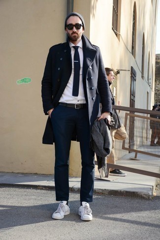 Men's Navy Overcoat, White Dress Shirt, Navy Chinos, White Leather Low Top Sneakers