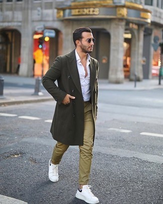 Men's Olive Overcoat, White Dress Shirt, Olive Chinos, White and Black Canvas Low Top Sneakers
