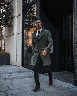 Olive Overcoat Outfits: We love how this semi-casual pairing of an olive overcoat and black chinos instantly makes you look sharp. If you want to easily smarten up your ensemble with footwear, why not add a pair of dark brown suede chelsea boots to your outfit?