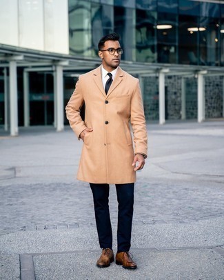 Men's Camel Overcoat, White Dress Shirt, Navy Chinos, Brown Leather Oxford Shoes