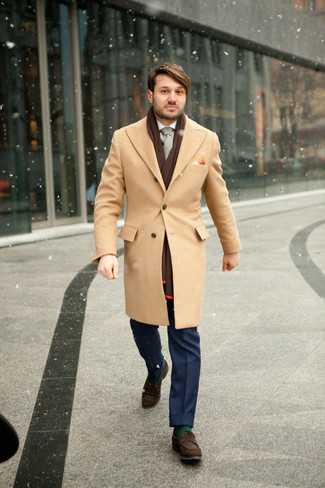Brown Scarf Outfits For Men: This pairing of a camel overcoat and a brown scarf makes for the perfect foundation for a laid-back and cool look. Why not take a classic approach with shoes and complement this look with dark brown suede loafers?