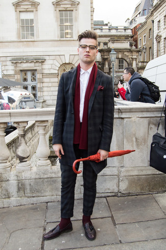 Burgundy Scarf Outfits For Men: For a casual ensemble, reach for a charcoal plaid overcoat and a burgundy scarf — these pieces go really great together. For a classier take, why not add a pair of burgundy leather tassel loafers to the mix?