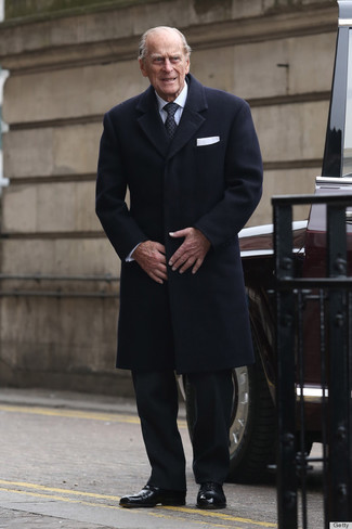 Prince Philip wearing Black Overcoat, White Dress Shirt, Black Dress Pants, Black Leather Oxford Shoes