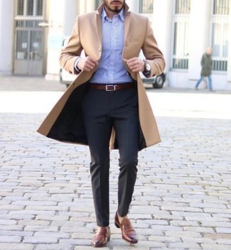 Brown Leather Loafers Outfits For Men: Definitive proof that a camel overcoat and charcoal dress pants look amazing when paired together in a classy look for today's guy. In the shoe department, go for something on the casual end of the spectrum by sporting brown leather loafers.