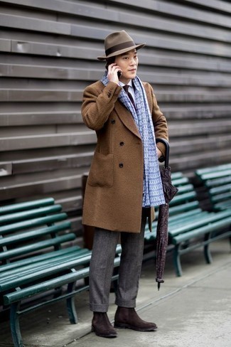 Beige Wool Hat Outfits For Men: Team a brown overcoat with a beige wool hat, if you appreciate comfort dressing but also want to look dapper. Feeling creative? Change up your getup by slipping into dark brown suede chelsea boots.
