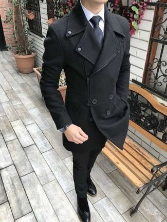Black Overcoat Outfits: Wear a black overcoat and black dress pants for truly dapper style. Finishing off with a pair of black suede chelsea boots is an effortless way to bring a more casual feel to this getup.