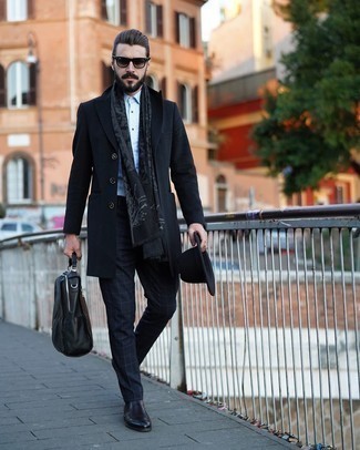 Black Print Scarf Outfits For Men: If the setting permits a casual menswear style, wear a black overcoat and a black print scarf. Black leather chelsea boots will put a different spin on an otherwise simple look.