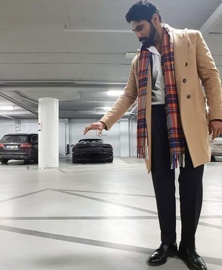 Orange Plaid Scarf Outfits For Men: For a relaxed casual look, make a camel overcoat and an orange plaid scarf your outfit choice — these two pieces fit well together. Feeling inventive today? Jazz up your getup by slipping into a pair of black leather derby shoes.