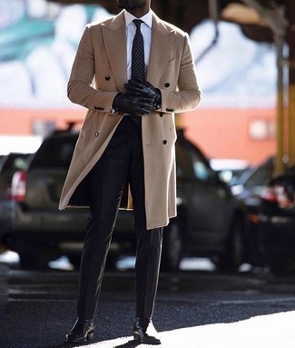 Camel Overcoat Dressy Outfits: This pairing of a camel overcoat and black dress pants is a never-failing option when you need to look refined and really smart. Let your outfit coordination expertise truly shine by complementing this outfit with a pair of black leather chelsea boots.